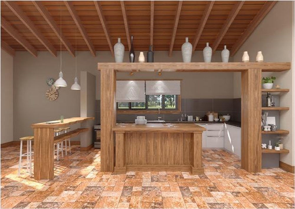 Open kitchen with a wooden island, a bar and a beamed ceiling (project render)