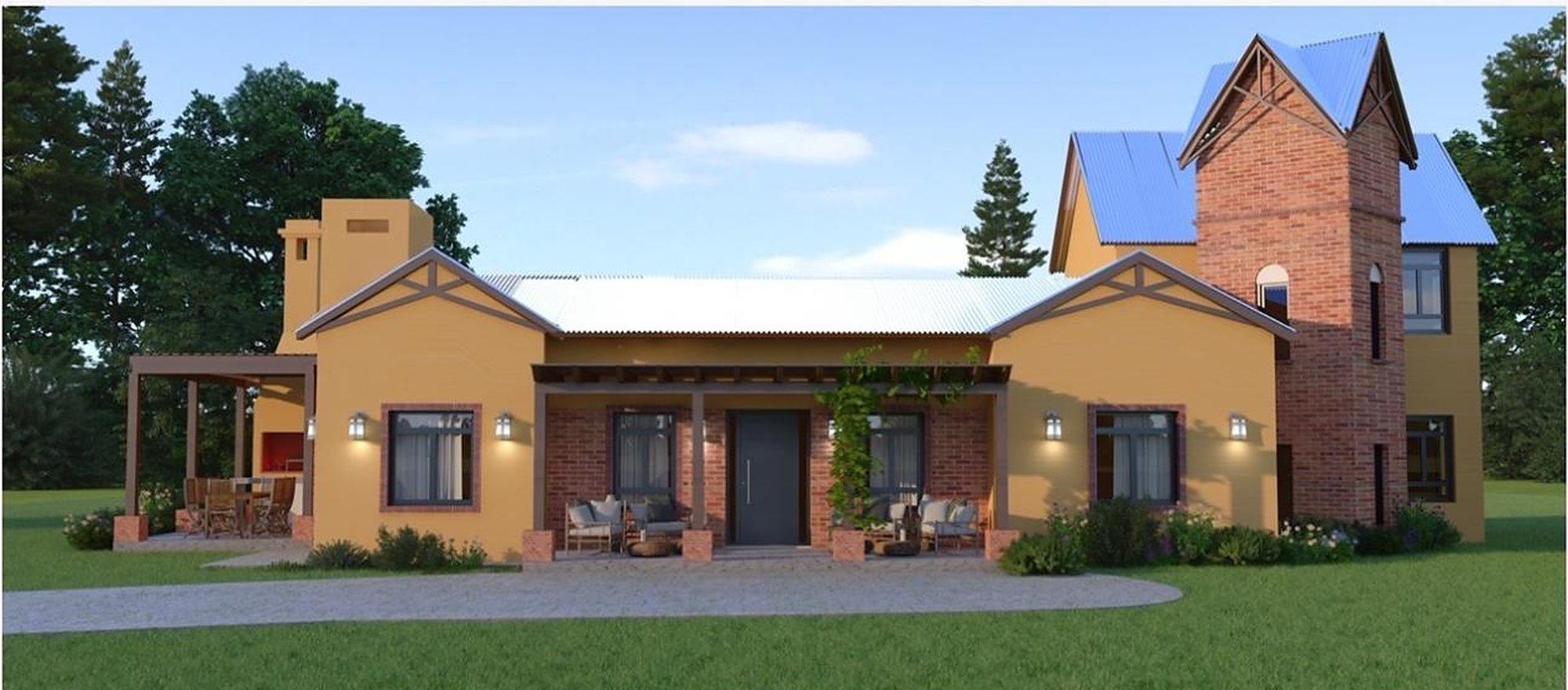 Front of The Lake House Monte: a house with a porch, a brick tower and metal roofs (project render)