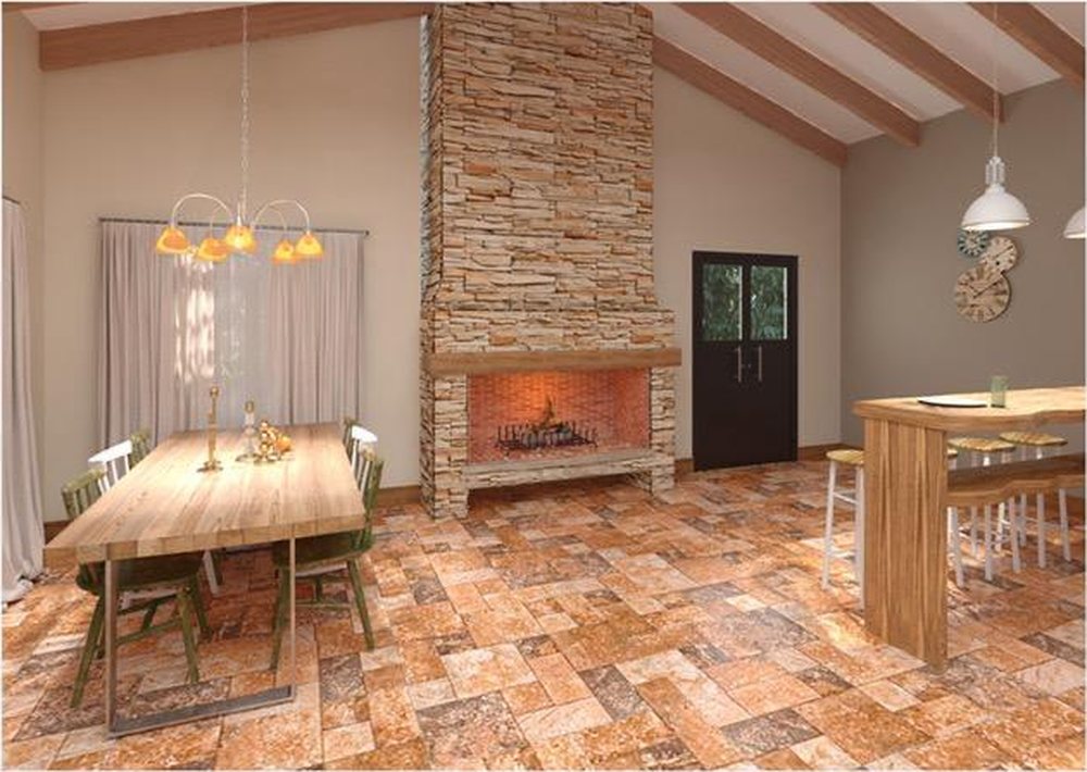 Living room with a large stone fireplace, a wooden table and exposed beams (project render)